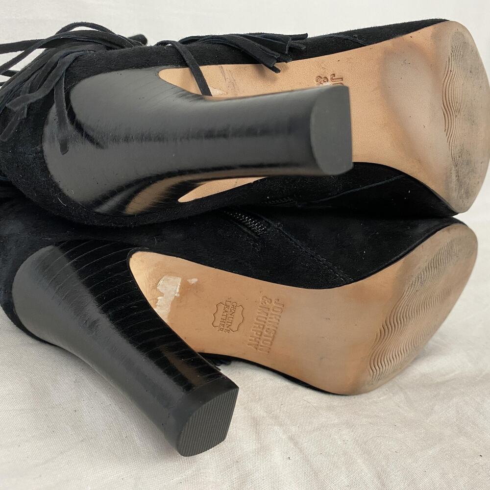 Johnston & Murphy Boots Womens 7.5 Black Suede Fringe Ankle Heel Booties Western - Picture 9 of 12